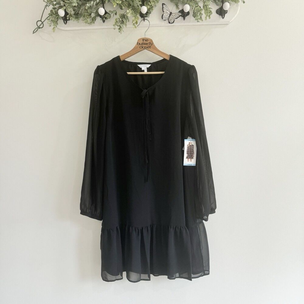 New Draper James The Neck Flounce Chiffon Drop Waist Dress Large Black